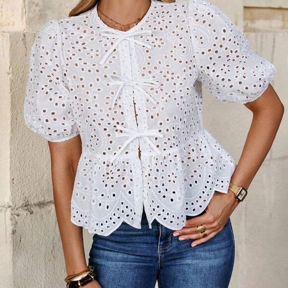 White Boho Women's Front Tie Puff Sleeve Embroidery Elegant Blouse - Picture 4 of 6